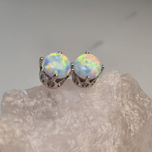 Load image into Gallery viewer, Round Created White Opal Stud Earring, Sterling Silver