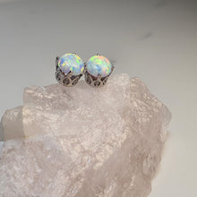 Load image into Gallery viewer, Round Created White Opal Stud Earring, Sterling Silver