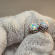 Load image into Gallery viewer, Round Created White Opal Stud Earring, Sterling Silver