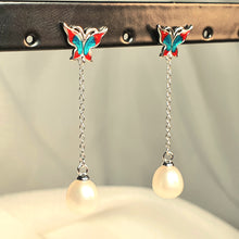 Load image into Gallery viewer, Freshwater Pearl  & Enamel Earrings, Sterling Silver