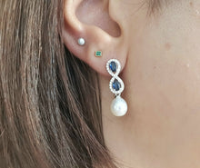 Load image into Gallery viewer, Blue Crystal Infinity & Freshwater Pearl Earrings, Sterling Silver