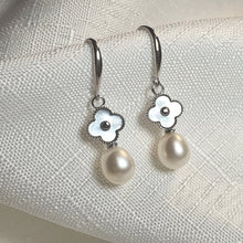 Load image into Gallery viewer, Floral Design & Freshwater Pearl Earrings, Sterling Silver