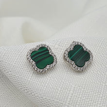 Load image into Gallery viewer, Malachite 4 Leaf Clover Stud Earrings, Sterling Silver