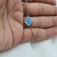 Load image into Gallery viewer, Created Blue Opal Hamsa Hand Bracelet, Sterling Silvet