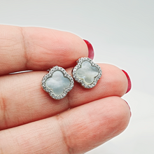 Load image into Gallery viewer, Mother of Pearl 4 Leaf Clover Stud Earrings, Sterling Silver