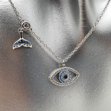 Load image into Gallery viewer, Evil Eye Pendant & Whale Tail Charm Necklace, Sterling Silver