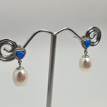 Load image into Gallery viewer, Created Blue Opal & Pearl Earring, Sterling Silver