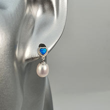 Load image into Gallery viewer, Created Blue Opal & Pearl Earring, Sterling Silver