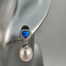 Load image into Gallery viewer, Created Blue Opal & Pearl Earring, Sterling Silver