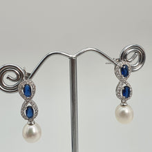 Load image into Gallery viewer, Blue Crystal Infinity & Freshwater Pearl Earrings, Sterling Silver