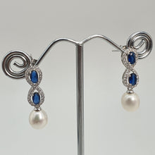 Load image into Gallery viewer, Blue Crystal Infinity & Freshwater Pearl Earrings, Sterling Silver