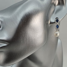 Load image into Gallery viewer, Blue Crystal Infinity & Freshwater Pearl Earrings, Sterling Silver