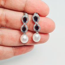 Load image into Gallery viewer, Blue Crystal Infinity & Freshwater Pearl Earrings, Sterling Silver
