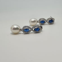 Load image into Gallery viewer, Blue Crystal Infinity & Freshwater Pearl Earrings, Sterling Silver
