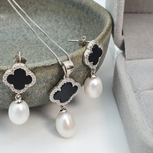 Load image into Gallery viewer, Freshwater Cultured Drop Pearl & Agate Clover Set, Sterling Silver