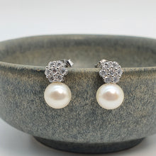 Load image into Gallery viewer, Round Freshwater Pearl Floral Earring, Sterling Silver