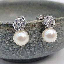 Load image into Gallery viewer, Round Freshwater Pearl Floral Earring, Sterling Silver