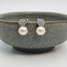Load image into Gallery viewer, Round Freshwater Pearl Floral Earring, Sterling Silver