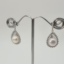 Load image into Gallery viewer, Sparkling Teardrop Halo Freshwater Pearl Stud Earrings, Sterling Silver