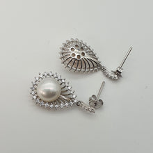 Load image into Gallery viewer, Sparkling Teardrop Halo Freshwater Pearl Stud Earrings, Sterling Silver