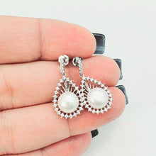 Load image into Gallery viewer, Sparkling Teardrop Halo Freshwater Pearl Stud Earrings, Sterling Silver
