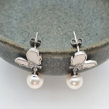 Load image into Gallery viewer, Round Freshwater Pearl Mother Of Pearl Bow Earring, Sterling Silver