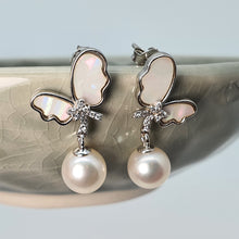 Load image into Gallery viewer, Round Freshwater Pearl Mother Of Pearl Bow Earring, Sterling Silver