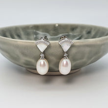 Load image into Gallery viewer, Triangle Mother Of Pearl & Drop Pearl Earrings, Sterling Silver