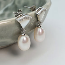 Load image into Gallery viewer, Triangle Mother Of Pearl & Drop Pearl Earrings, Sterling Silver
