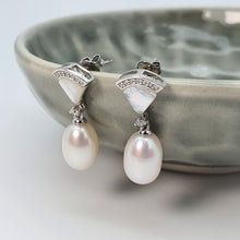 Load image into Gallery viewer, Triangle Mother Of Pearl & Drop Pearl Earrings, Sterling Silver
