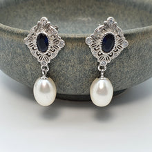 Load image into Gallery viewer, Blue Crystal & Freshwater Pearl Earring, Sterling Silver