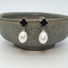 Load image into Gallery viewer, Black Agate Clover & Freshwater Pearl Drop Earring, Sterling Silver