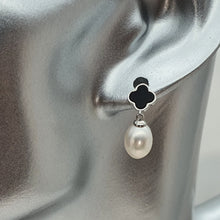 Load image into Gallery viewer, Black Agate Clover & Freshwater Pearl Drop Earring, Sterling Silver