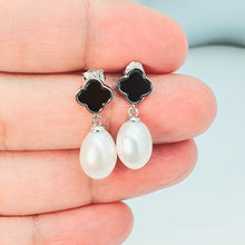 Load image into Gallery viewer, Black Agate Clover & Freshwater Pearl Drop Earring, Sterling Silver