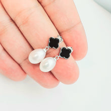Load image into Gallery viewer, Black Agate Clover & Freshwater Pearl Drop Earring, Sterling Silver