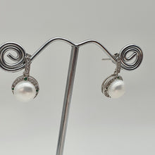 Load image into Gallery viewer, Sparkling Round Freshwater Pearl Halo Earrings, Sterling Silver
