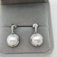 Load image into Gallery viewer, Sparkling Round Freshwater Pearl Halo Earrings, Sterling Silver