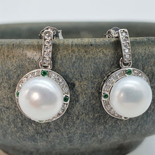 Load image into Gallery viewer, Sparkling Round Freshwater Pearl Halo Earrings, Sterling Silver