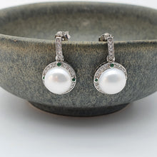 Load image into Gallery viewer, Sparkling Round Freshwater Pearl Halo Earrings, Sterling Silver