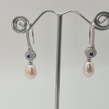 Load image into Gallery viewer, Blue Crystal & Freshwater Pearl Bridal Earrings, Sterling Silver
