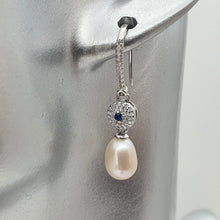 Load image into Gallery viewer, Blue Crystal & Freshwater Pearl Bridal Earrings, Sterling Silver