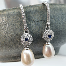Load image into Gallery viewer, Blue Crystal & Freshwater Pearl Bridal Earrings, Sterling Silver