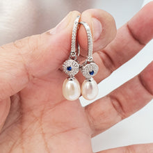 Load image into Gallery viewer, Blue Crystal & Freshwater Pearl Bridal Earrings, Sterling Silver