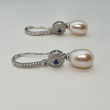 Load image into Gallery viewer, Blue Crystal & Freshwater Pearl Bridal Earrings, Sterling Silver
