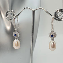 Load image into Gallery viewer, Blue Crystal & Freshwater Pearl Bridal Earrings, Sterling Silver