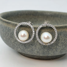 Load image into Gallery viewer, Round Freshwater Pearl Circle of Life Earring, Sterling Silver