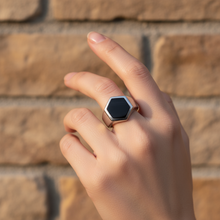 Load image into Gallery viewer, Large Hexagon Black Onyx Open Ring, Sterling Silver
