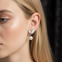 Load image into Gallery viewer, Round Pearl &amp; Mother Of Pearl Bow Earring, Sterling Silver
