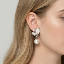 Load image into Gallery viewer, Round Pearl &amp; Mother Of Pearl Bow Earring, Sterling Silver
