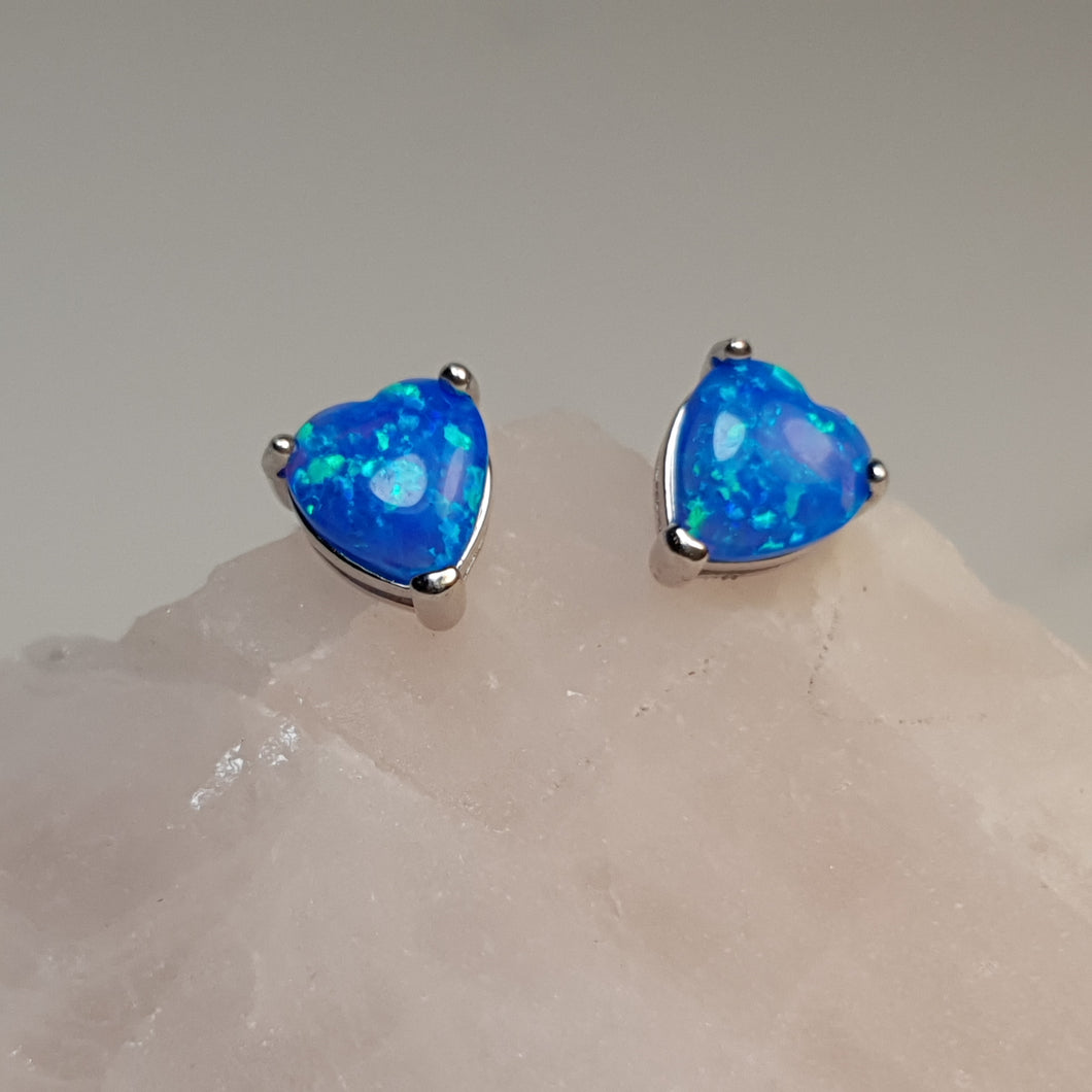 Blue Created Opal Stud Earrings, Sterling Silver